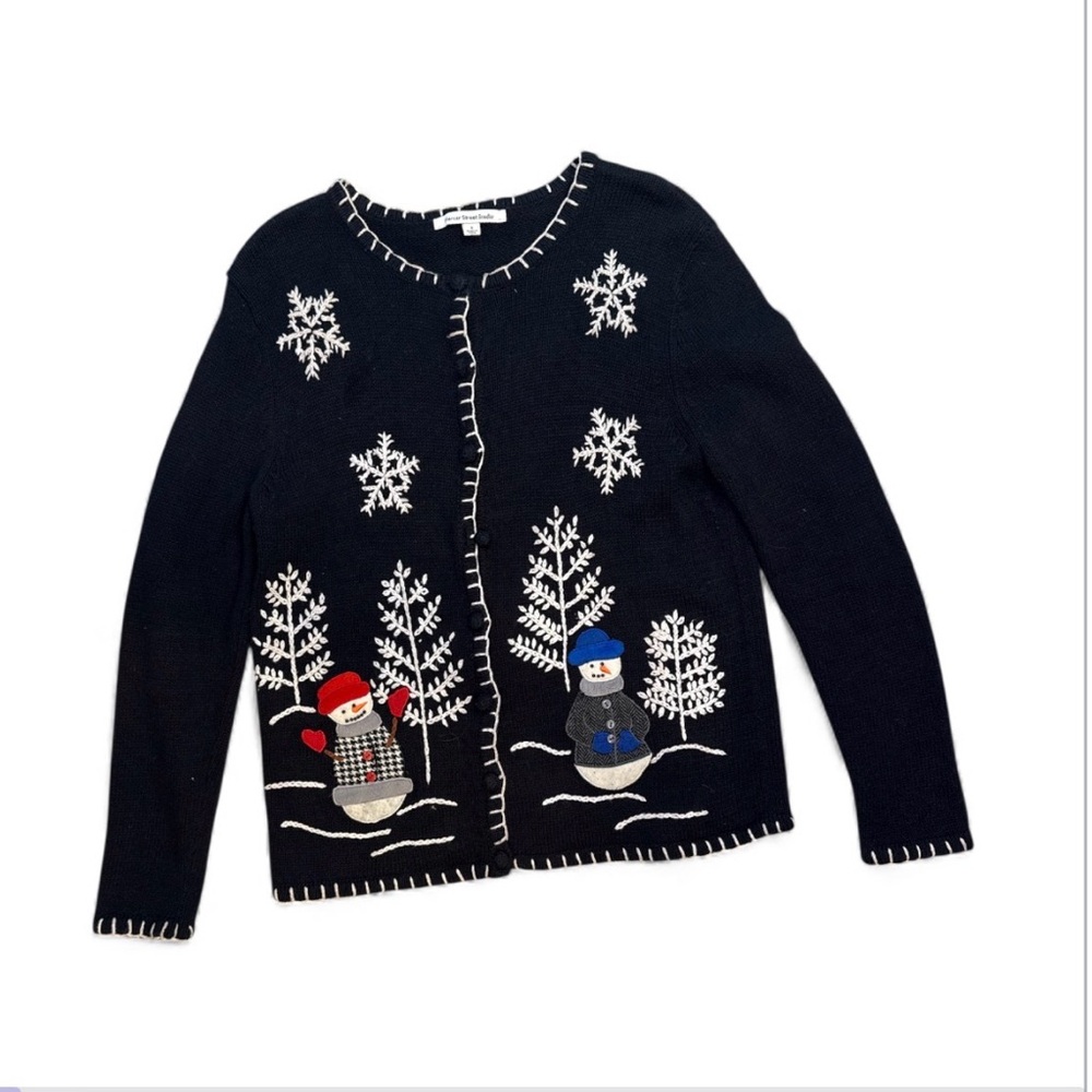 Mercer Street Studio Embroidered Snowman S BLK Cottagecore VTG Winter‎ Sweater